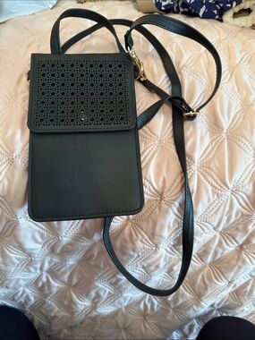 Black Crossbody Phone Bag with Laser-Cut Flap